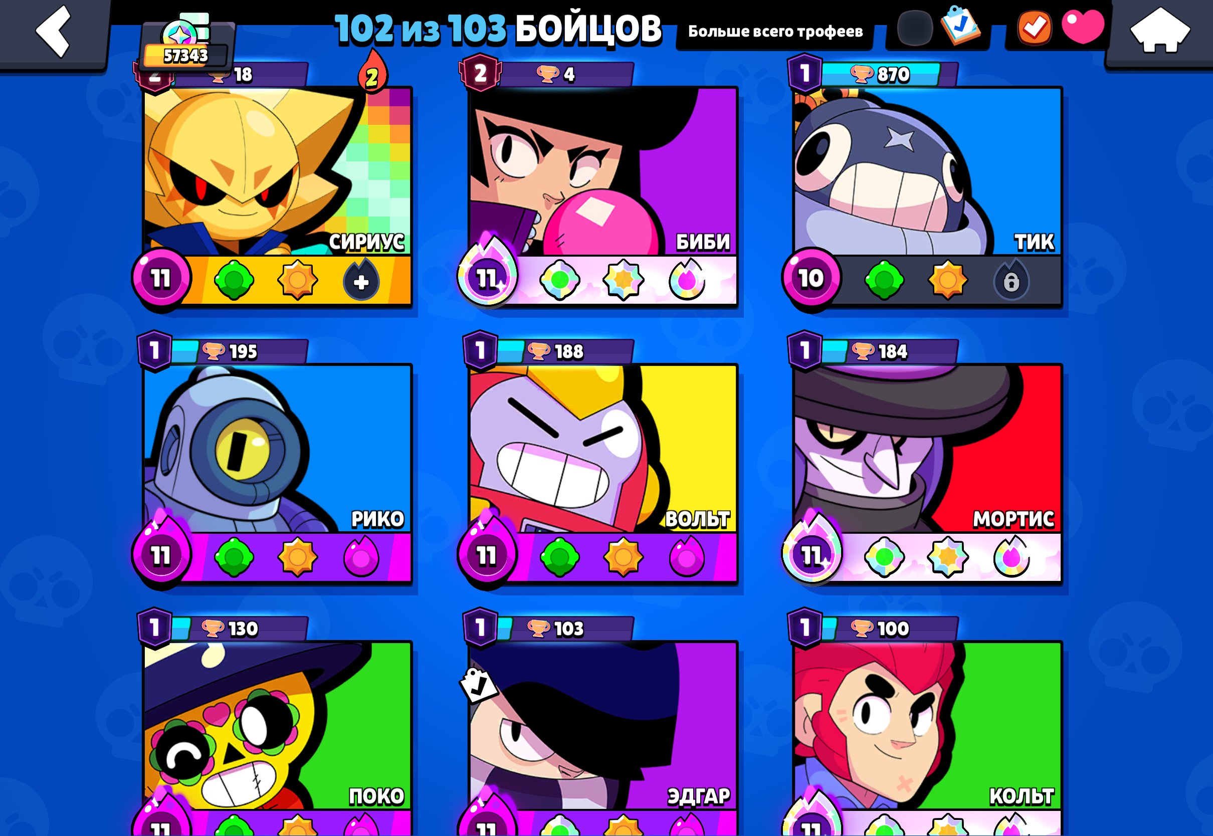 Brawl Stars account:10 Legendary skins,7 Hypercharges,12 Mythic skins includes purchased Pro Pass, trophies 57436, brawlers 102, primes 30