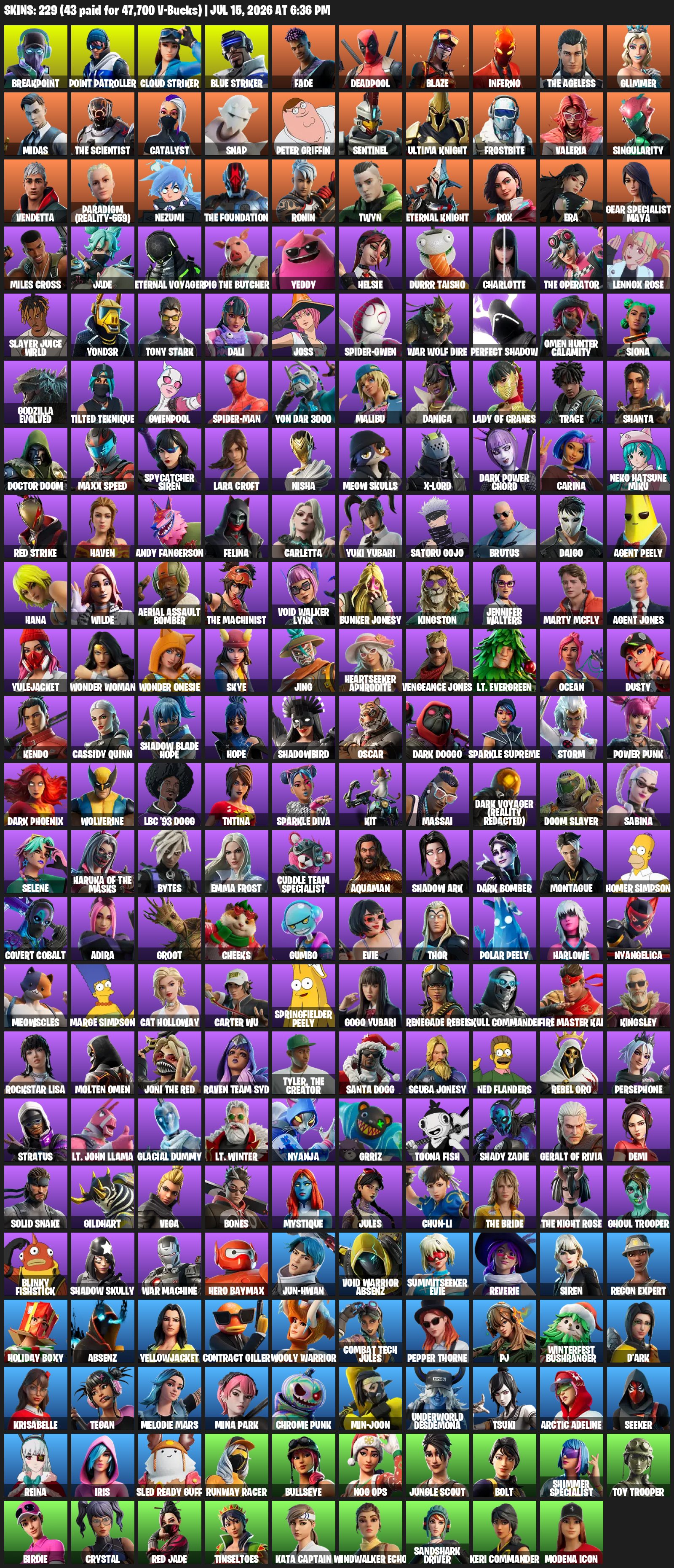 🔥FULL🔥🟣229 SKINS🟣BLAZE🟣SPIDER MEN🟣BREAKPOINT🟣CHUN-LI🟣, Sale, skins 229