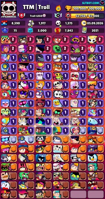 VERY FAT ACCOUNT IN BRAWL STARS, 100000 trophies, 107 brawlers, 75 primes