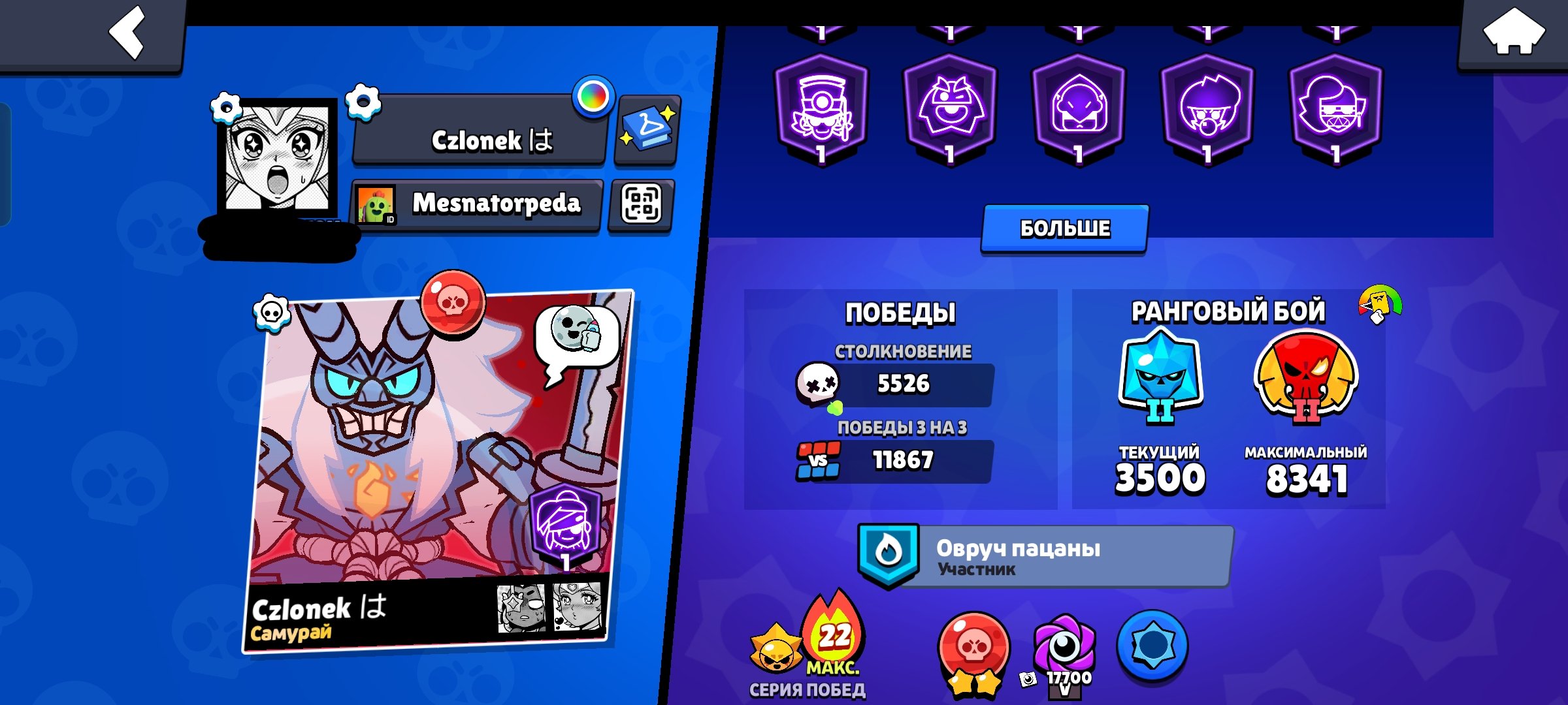 Old account, a bunch of old skins, icons, pins, trophies 60000, brawlers 103, primes 49