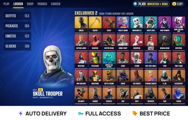 (PC/XBOX/Android/iOS) 🌀 153 skins 🌀 Level 2127 🌀 Skull Trooper + Omega + Groot + Harley Quinn, Sale, skins 153