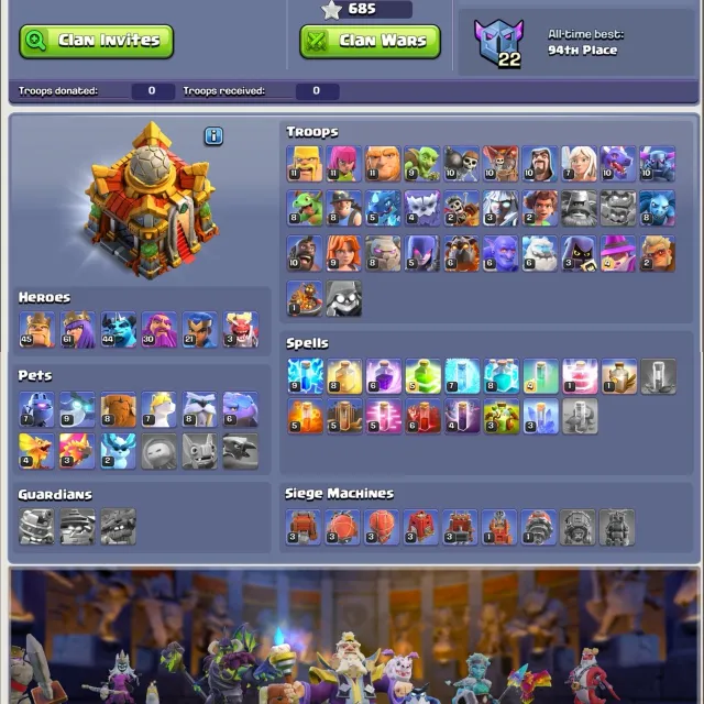 🟣 TH16 🟣 Very Close To Max 🟣 Purple Walls 🟣 45-61-44-30-21 🟣 All 12x Epic Almost Max 🟣 BH10 🟣 NC 500, 16 TH Родной Деревни, 10 TH Строителя