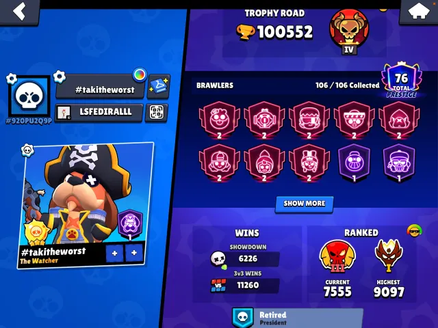 💙💙MEGA JUICY AND LEVELLED UP TOP ACCOUNT💙💙, 100552 trophies, 106 brawlers, 76 primes