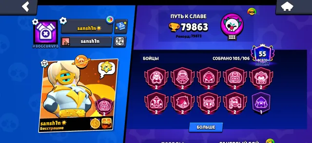 💓80k trophies/55 primes/9 second primes/a bunch of cool and rare skins, 80000 trophies, 105 brawlers, 55 primes