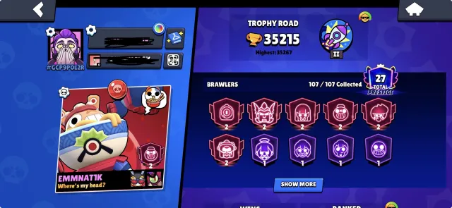 Well-leveled account, very many rare skins 3 Mars Glory❤️, 6 double prestiges, 35215 trophies, 107 brawlers, 27 primes
