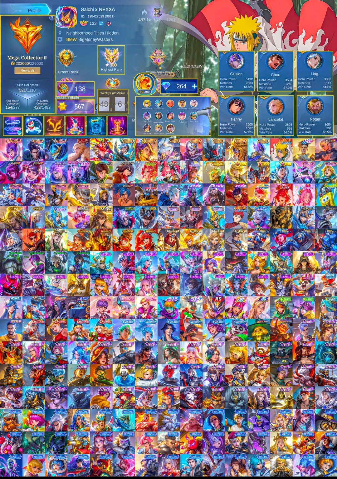 Assasin based id mega collector 3 Gusion set., Sale, Rank: Epic, Level: 133, Winrate: 53%, Heroes: 133, Skins: 521