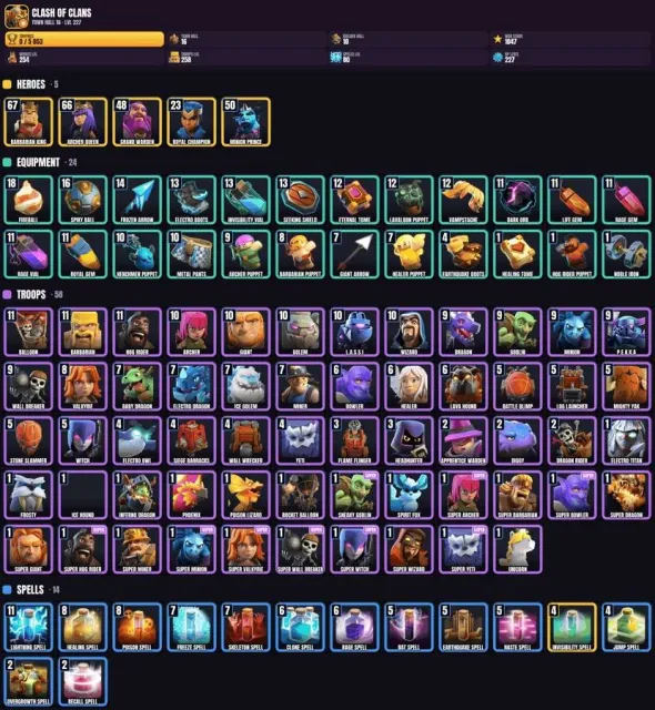16 TH 👑 5000+ trophies ✨ 10 BH 🏆 254 hero levels 🎮 258 troop levels, 16 TH Home Village