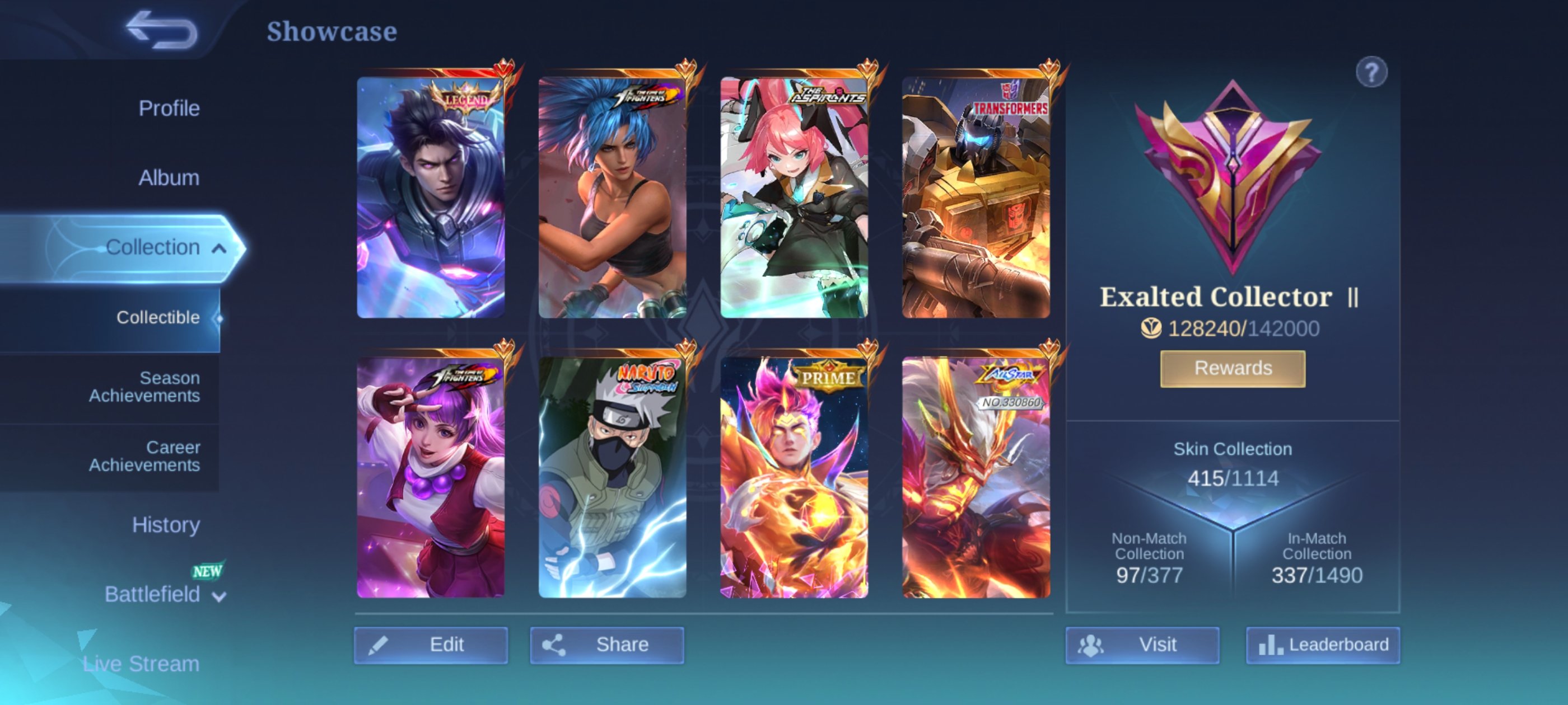 🔥 EXALTED COLLECTOR 2 (128K POINTS)• ALUCARD LEGEND •KOF KARINA-GUINE, PRIME CLAUDE, KAKASHI🔥, Sale, Rank: Mythical Immortal, Level: 129, Winrate: 51%, Heroes: 133, Skins: 415