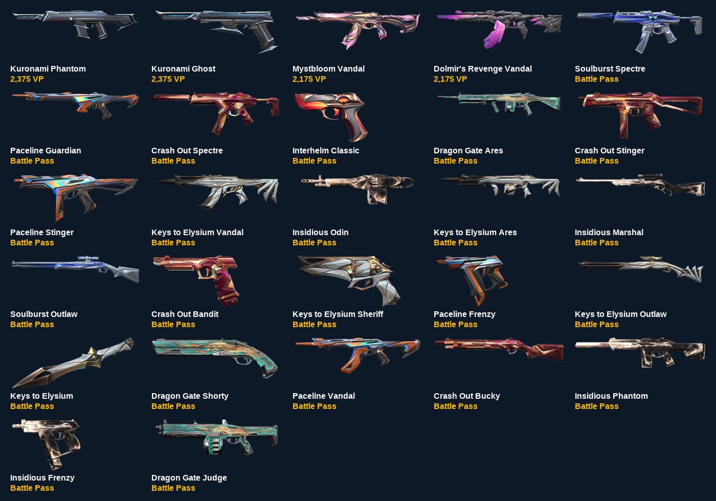27 skins, Kuronami Phantom+Mystbloom Vandal+Dolmir's Revenge Vandal, Sale, Bronze 2, Agents: 18, Skins: 27
