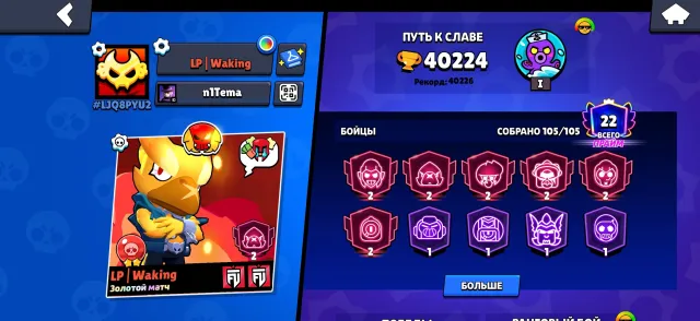 good account for the base full re-linking, 40224 trophies, 105 brawlers, 21 primes