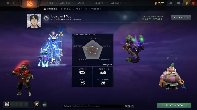 Hero | Arcana Crystal Maiden | Personality Pudge | 322 skins | 9K integrity, Sale, 2370 MMR, 9383 integrity, 8574 politeness, 422 matches, 373 hours