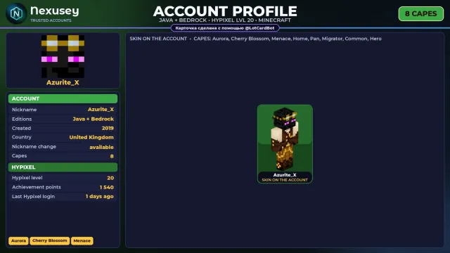 🚀 ⟦ MINECRAFT ⟧ JAVA + BEDROCK ✦ 8 CAPES ✦ FULL ACCESS ✦ NO BAN HYPIXEL (20 LVL) ✨ #4FKPXJ, Sale, All account data