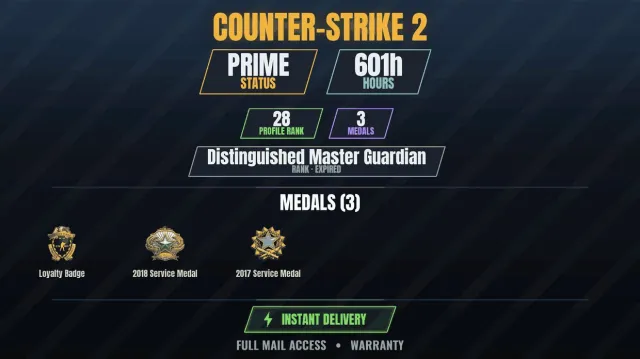 CS2 Prime✨601h🏆3 medals Medal for Service 2017, Medal for Service 2018, Loyalty Badge, Sale, With inventory, Has PRIME