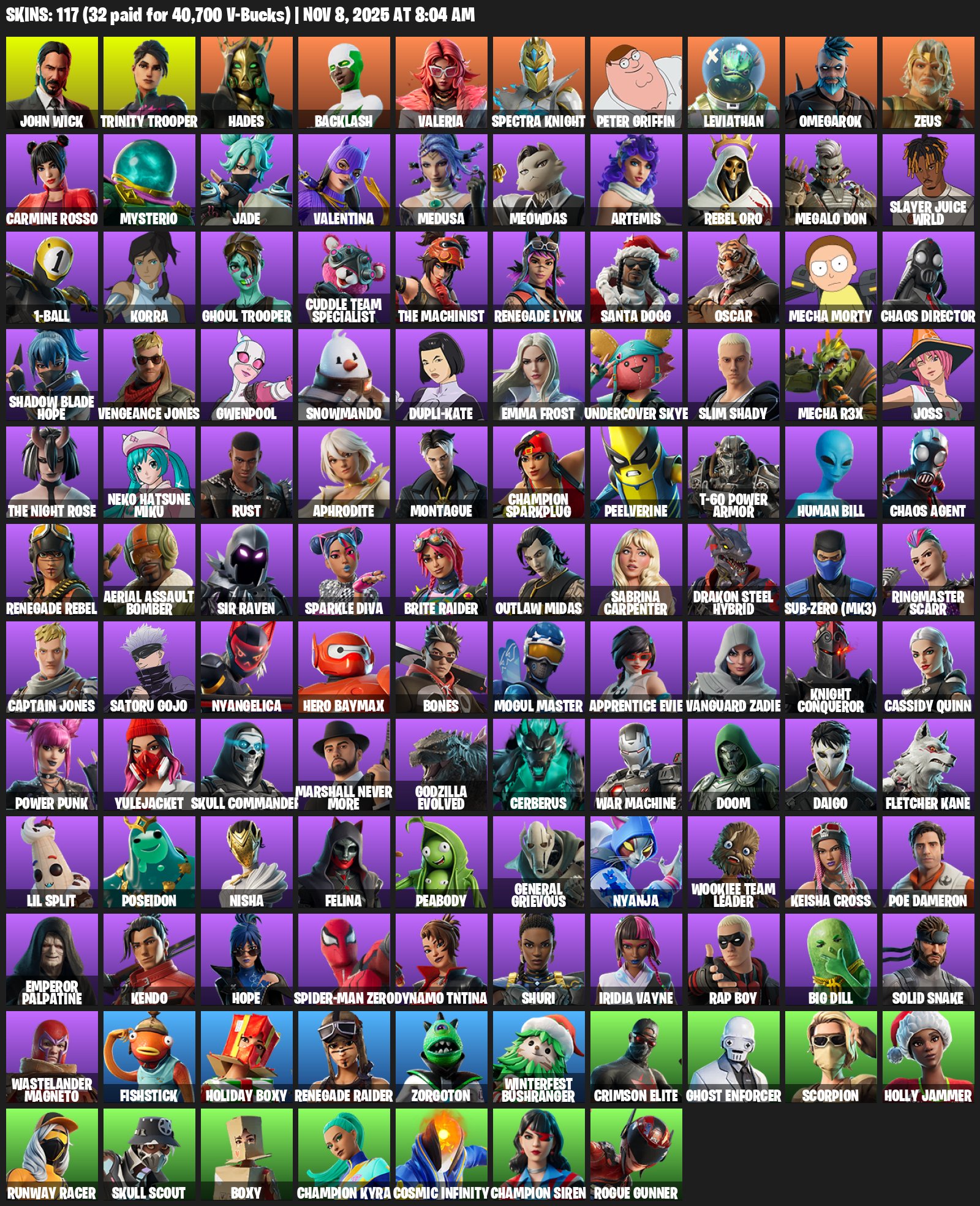 🌸117 SKINS💎John Wick💎Trinity Trooper💎Marshall Never More💎Star Wand💎Leisure💎✨ Full access✨, Sale, skins 117