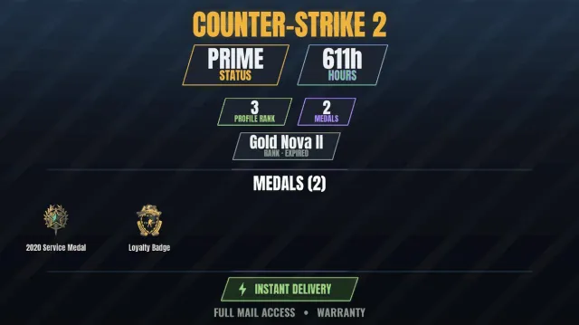 CS2 Prime💠611h💎2 medals Medal for Service 2020, Loyalty Badge, Sale, With inventory, Has PRIME
