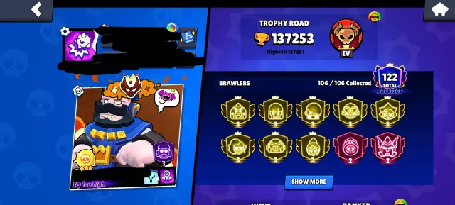⎛⎝🏆137K🏆⎠⎞ 💚X2 NEW MASTER【🌺PIN 35 RANK🌺] 【🌺8 THIRD PRIMES🌺]【🌺5500 GEMS🌺] 【FL PROS+MASTERS🌺], 137253 trophies, 106 brawlers, 122 primes