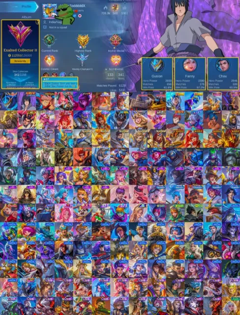 🏆 Exalted 3 ✨ Gusion Legend ✨ Suyou Sasuke ✨ Granger Transformer ✨ Yin JJK ✨ Layla Aspirant, Продажа, Ранг: Мифический Бессмертный, Уровень: 77, Процент побед: 70%, Герои: 133, Облики: 341