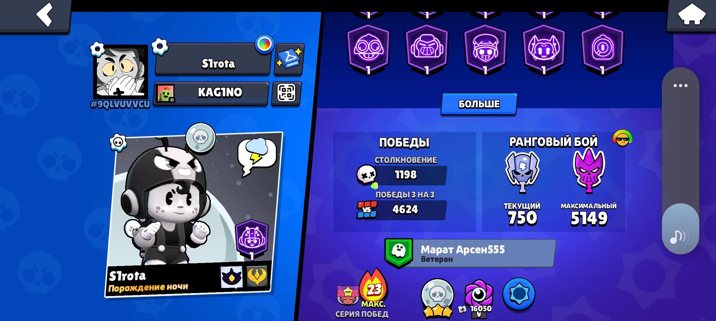 Lots of skins and 300 gems in balance, trophies 46300, brawlers 104, primes 30