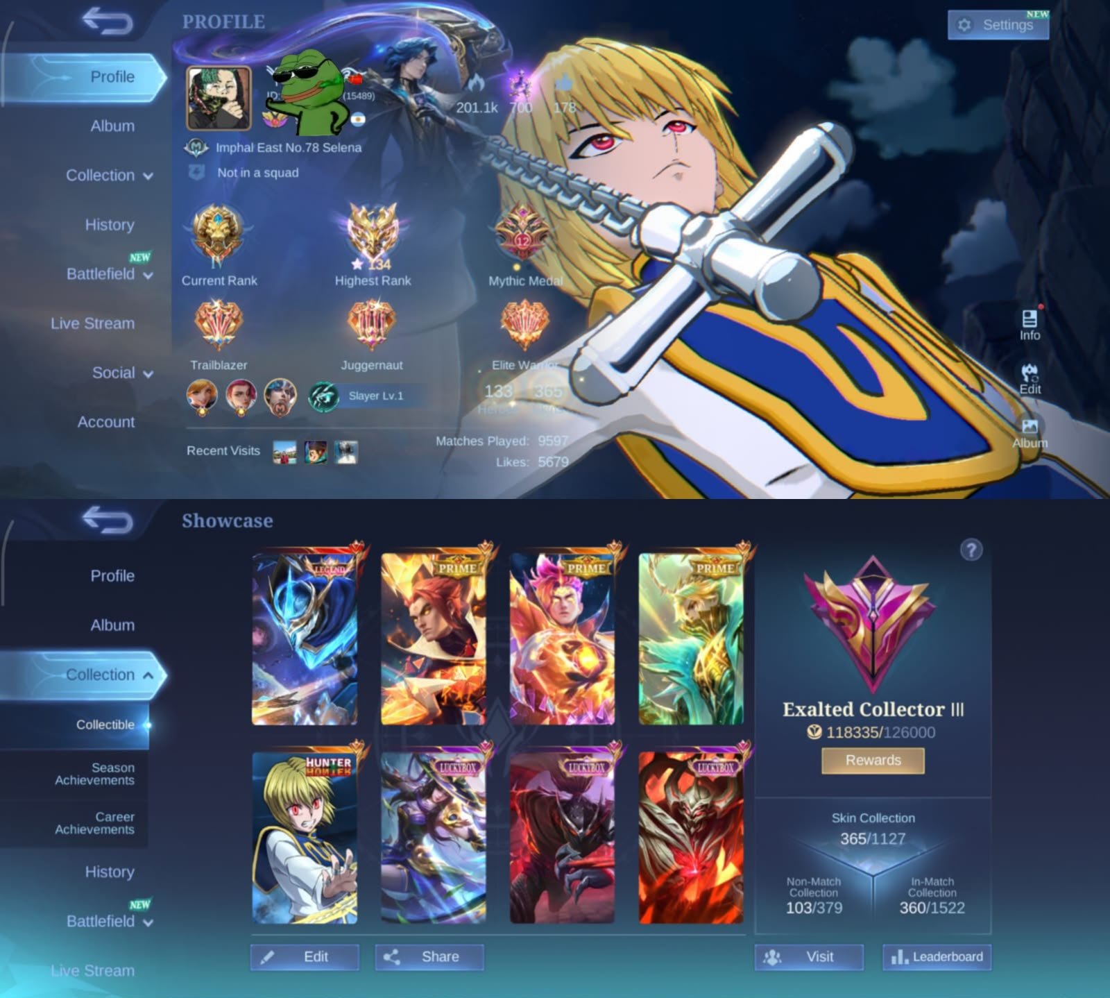 🏆 Guru 3 Acc 👑 Gusion Legend 🕷️ Julian Kurapika  Fanny Skylark 🐉 Yu Zhong 👑 Granger👑 Claude Prime, Sale, Rank: Mythical Immortal, Level: 99, Winrate: 60%, Heroes: 133, Skins: 365