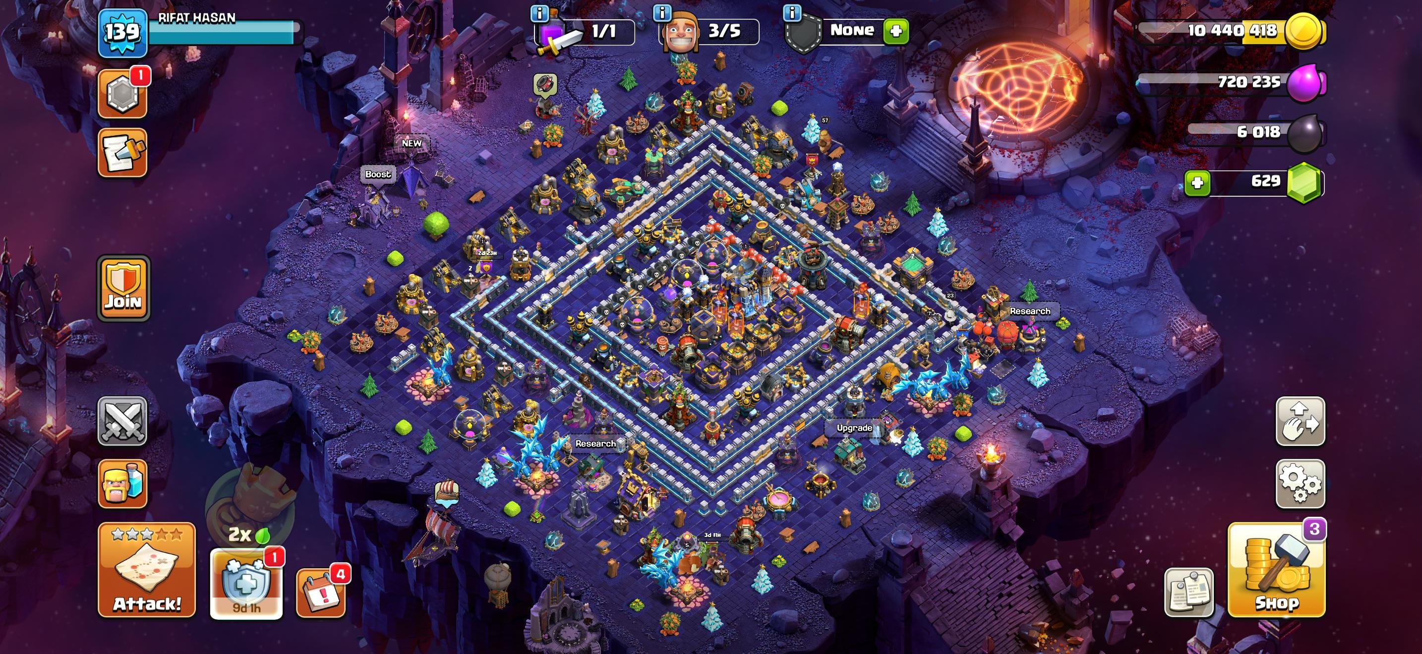 TH 18 Max ID ✧ Legendary Cosmic & High Seas Scenery ✧ 57-58-48-44-23 ✧ 11× Epic Equipment High Level, 18 TH Main Village
