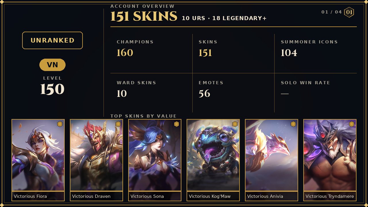 🌸151 skins + 160 champions🎀98150 BE🎀Victorious Anivia🎀Victorious Draven🎀Victorious Kog'Maw, Sale, champions 160, skins 151, Unranked