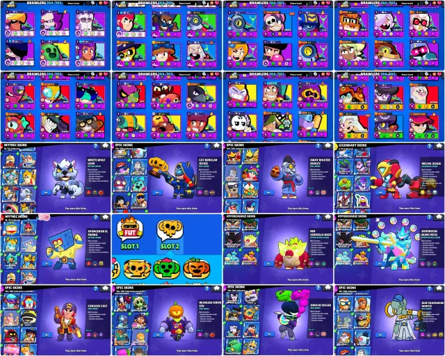 44k🏆10 brawl pass+ WAS💚46-11x POWER💚CAT BURGLAR JESSIE💚GREAT MASTER BARLEY💚35 BUFFY💚RARE CUPS PINS, 44000 trophies, 104 brawlers, 27 primes