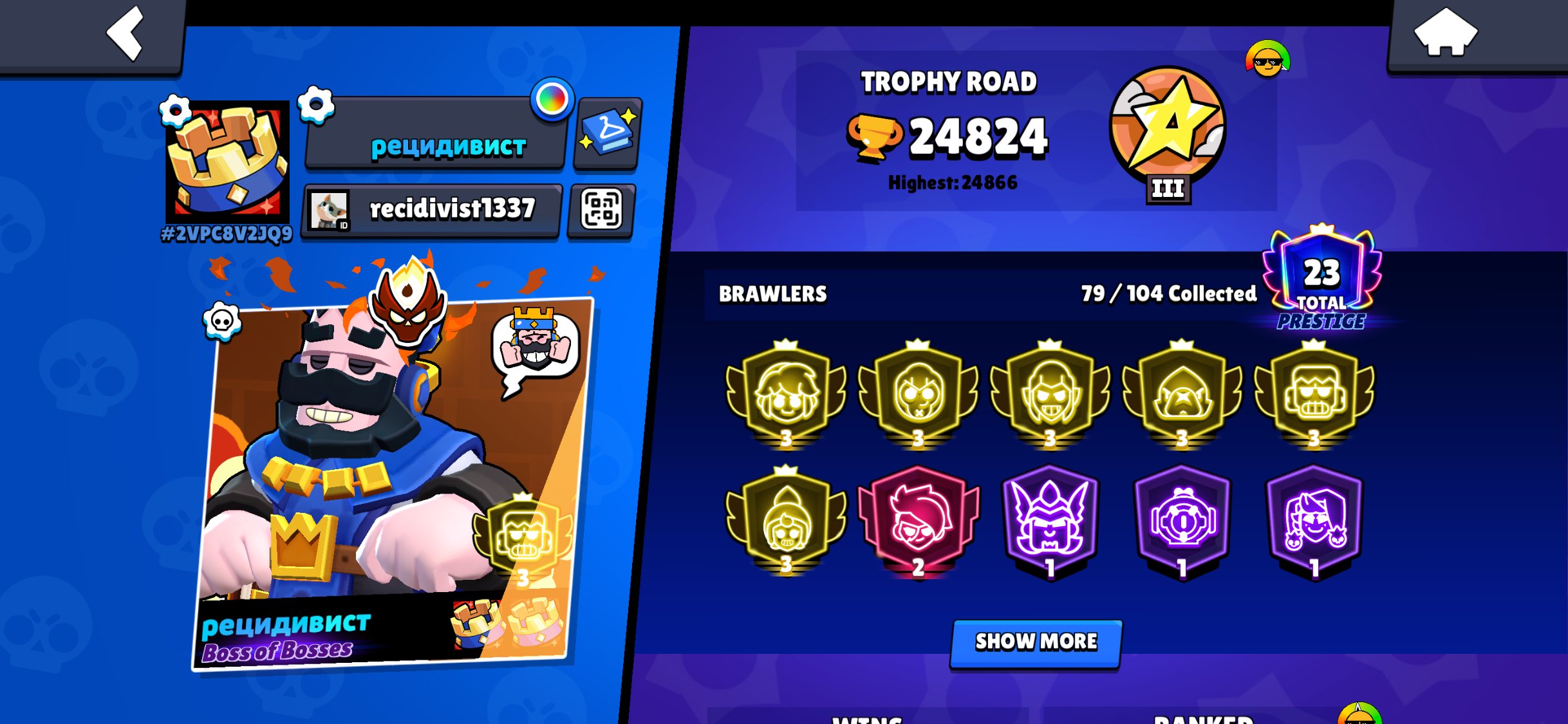 3rd PRIMES🐍MASTER🤙👑KING FRANK, trophies 24500, brawlers 104, primes 15