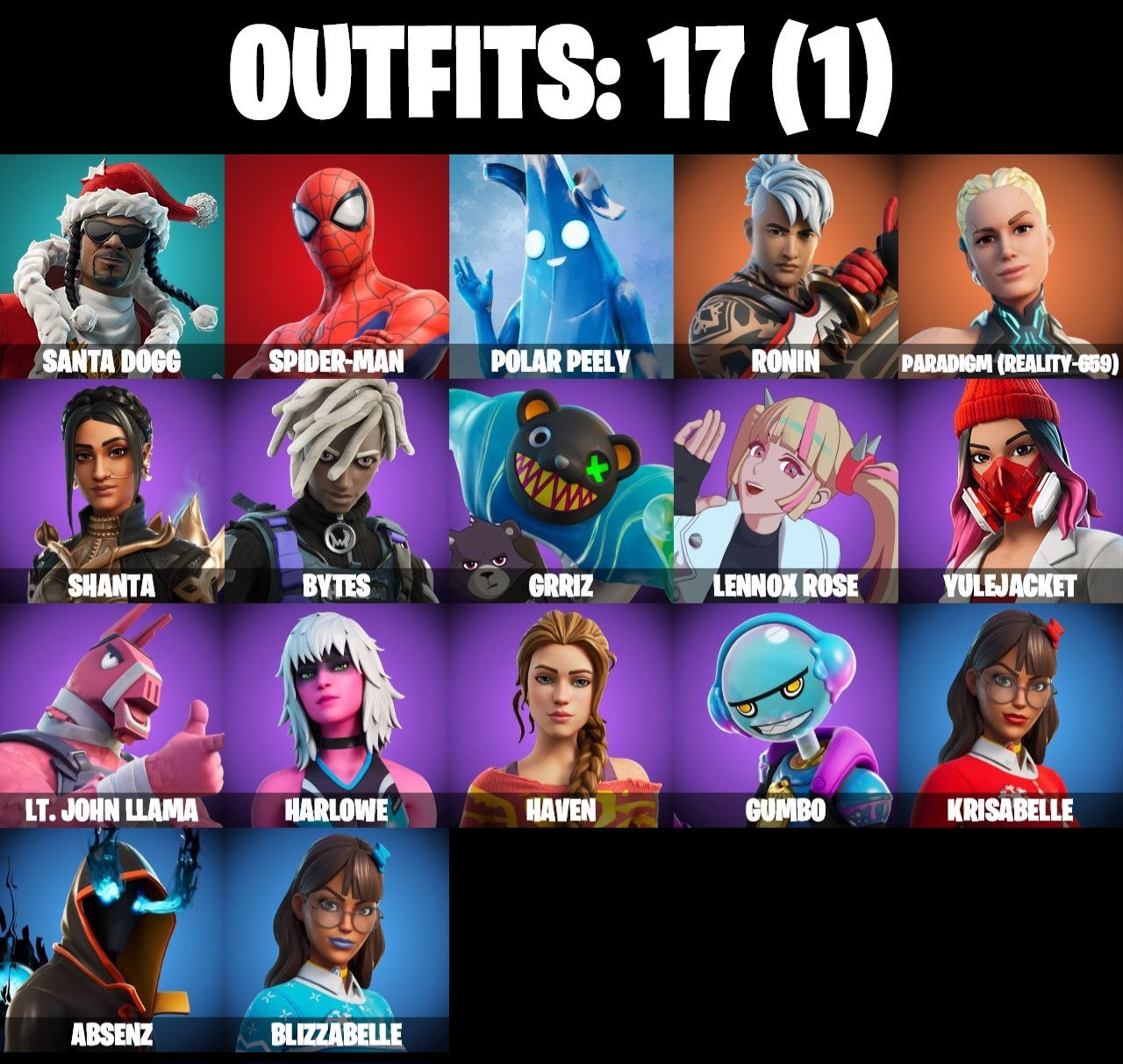 ⚡ ALL PLATFORMS ⚡ Reaper axe ⚡ Spider- man ⚡ Ronin ⚡ Shanta ⚡ Bytes ⚡ Lt. John Llama ⚡, Sale, skins 17