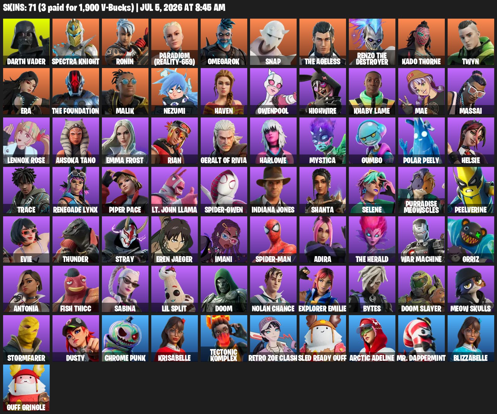 WARRANTY 🟨⬛️FULL ACCESSBASED ON⬛️Darth Vader❗️Spider Gven❗️71 skins, Sale, skins 71