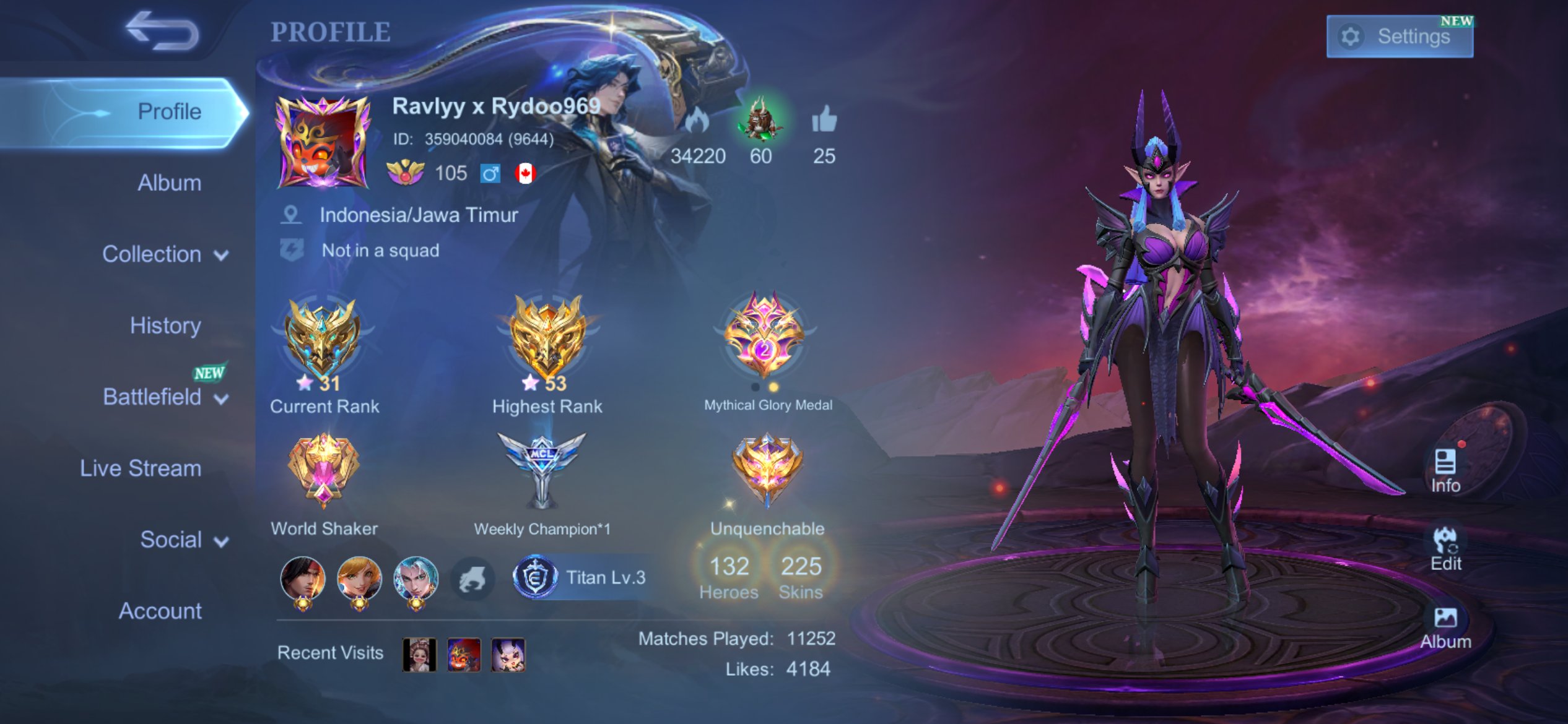SAFE & CHEAP | EMBLEM MAX, KOF KARINA,NATALIA COLLECTOR & HAVE 36 EPIC SKIN, Sale, Rank: Epic, Level: 153, Winrate: 50%, Heroes: 132, Skins: 320