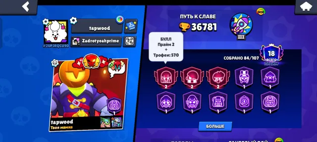 The fattest account for beginners with 2 Brawl Pass+ and purchased Pro Pass with Crow, 36781 trophies, 84 brawlers, 18 primes