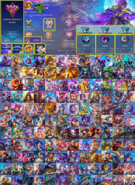 🏆 EXALTED 5 💎 171 Magic Core 🌸 Miya Collector 👑 Gusion Collector 💘 Granger Valentine, Продажа, Ранг: Мифический Бессмертный, Уровень: 108, Процент перемог: 70%, Герої: 133, Облики: 360