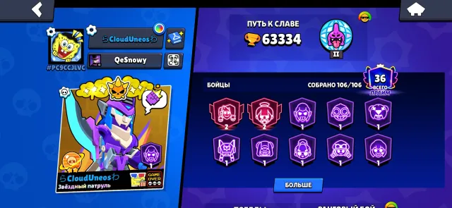 fat account, many skins, 63334 trophies, 106 brawlers, 36 primes