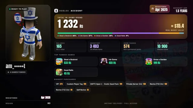 💸 spent Robux: 11K 🗓 reg. 2025 🧱Steal a Brainrot 533 🧱Ink Game 455 📦 inventory: 3.4K, Sale, Voice chat: No