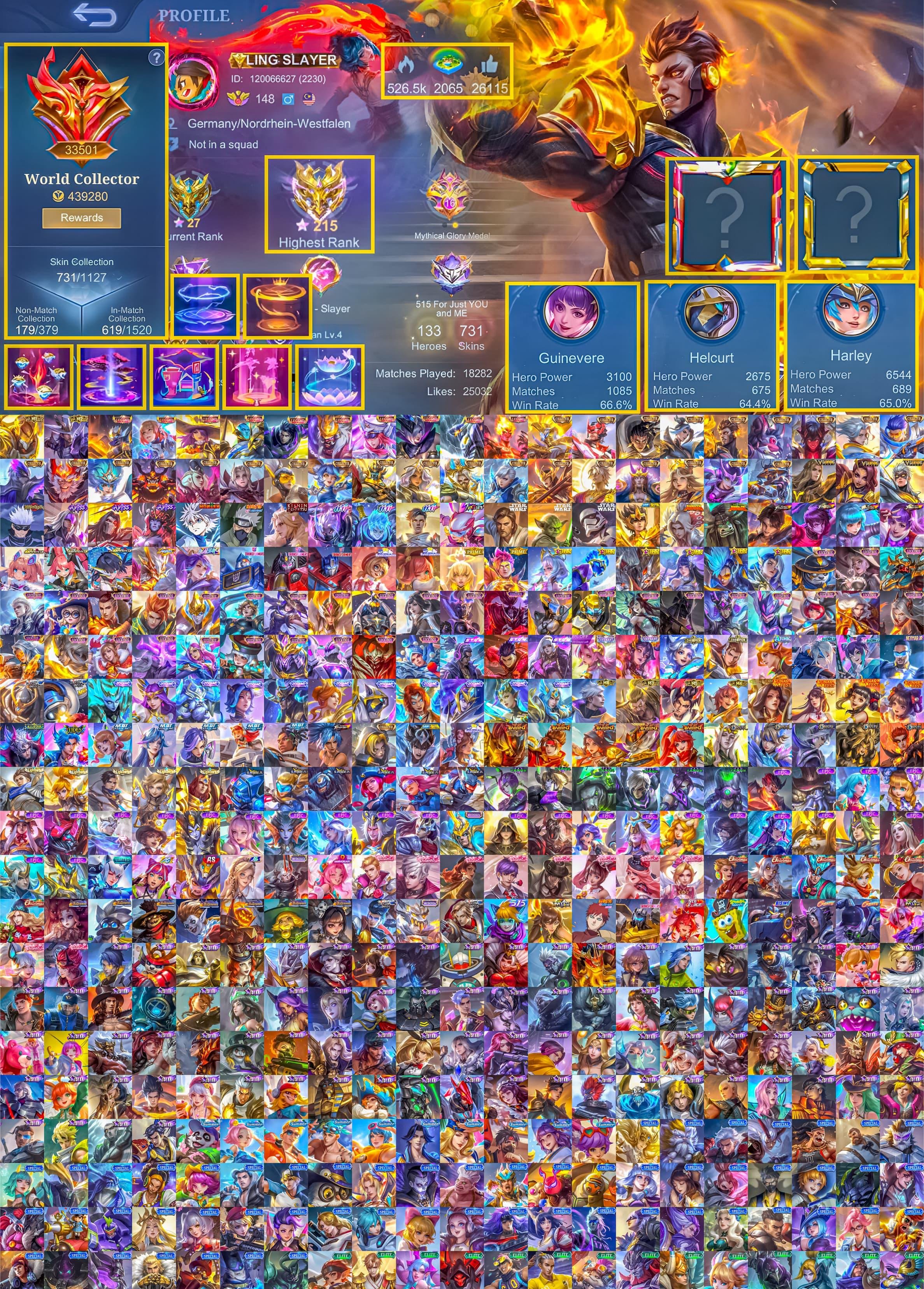 11 LEGEND 28 collector DAWING SKIN SET STARWAR SET ABYSS SET 215 EX IMORTAL TOP FAN BORDER, Sale, Rank: Mythical Immortal, Level: 148, Winrate: 60%, Heroes: 133, Skins: 731