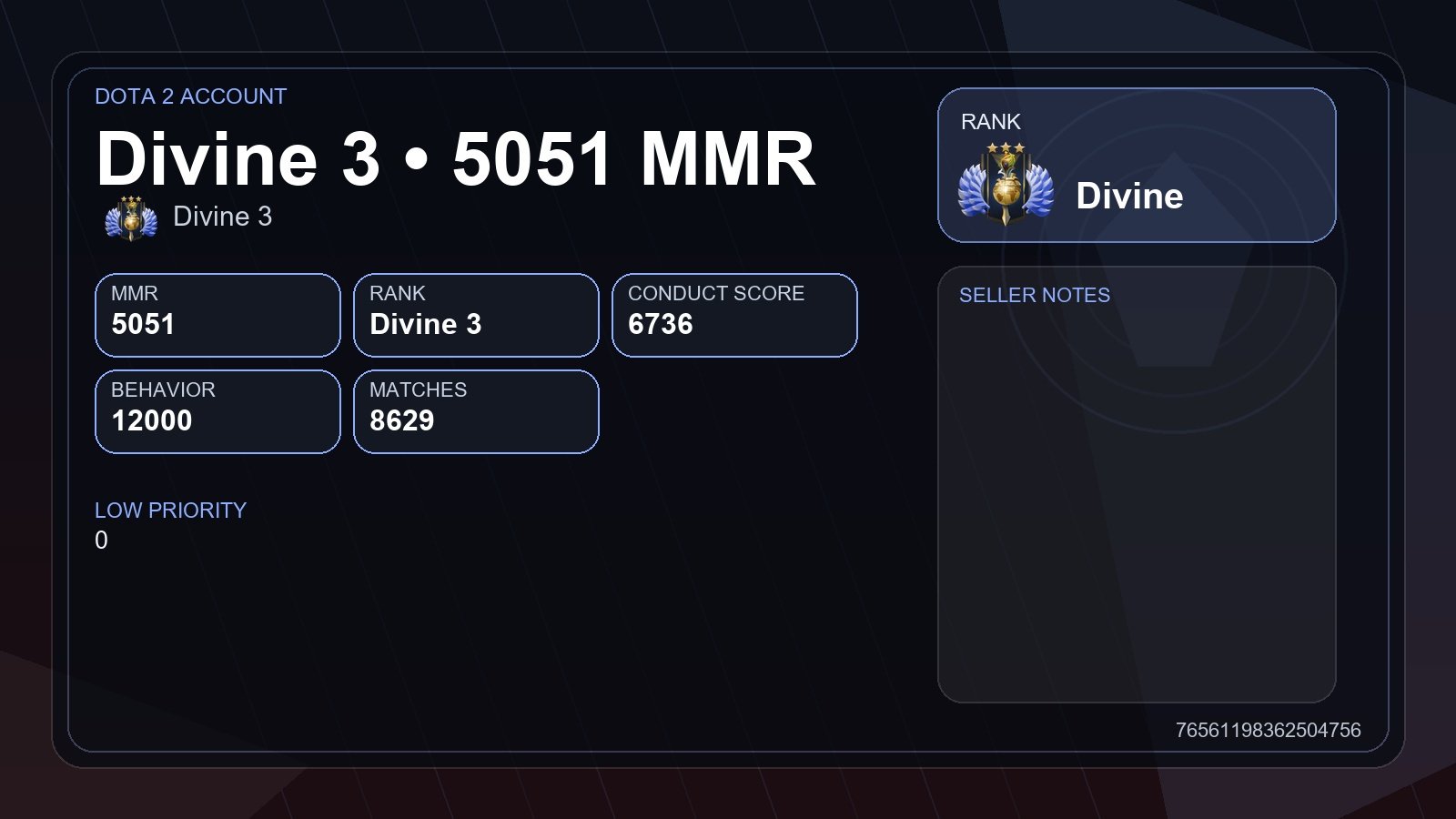 #DO5399| 5051 MMR+Divine+8629 matches+12000 behavior, Sale, 5051 MMR, 12000 Behavior score, 12000 вежливости, 8629 games, 3333 hours