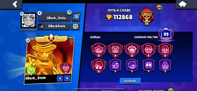account in bs, 113000 trophies, 106 brawlers, 99 primes