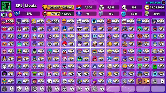 🏆102K🏆⭐️98PRIMES🟡76KCoins🟡💎132 Crystals💎✨45K BLINGS, 102007 trophies, 98 brawlers, 98 primes
