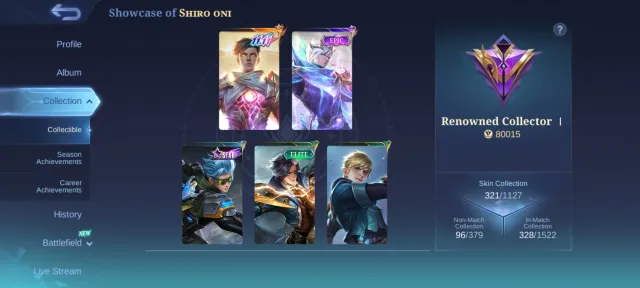 🔥80K Points🔥Grand Gusion-Karina-Floryin, Star Lesley-Angela, Sale, Rank: Mythical Immortal, Level: 143, Winrate: 50%, Heroes: 133, Skins: 321