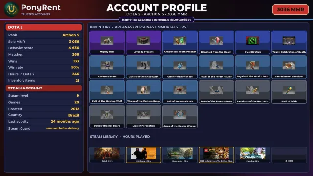 🦄 【DOTA 2】 🌸 BOHATER 5 · 3036 MMR | 4636 PORZĄDNOŚCI 🌸 PEŁNY DOSTĘP #3Y912Y, Sprzedaż, 3036 MMR, 4636 porządności, 4636 grzeczności, 268 meczów, 246 godzin
