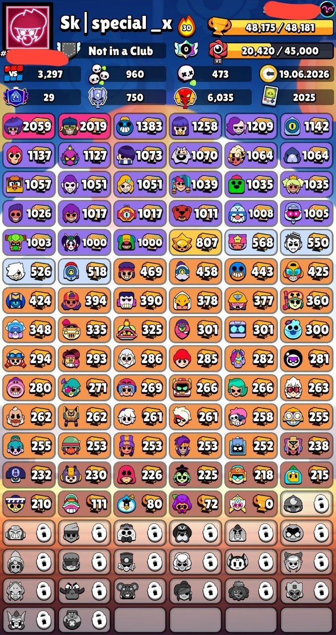🎅📌48,100🏆🌟83/103👤55 HYPER25 11 STRENGTHS🪙216 SKINS ~20K GEMS🎎28 TITLES💮❇️18 BUFFS🔰〔NAME CHANGE 90〕🔰, trophies 48100, brawlers 83, primes 29