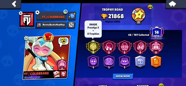 3 prime on Shade, 21868 trophies, 68 brawlers, 14 primes