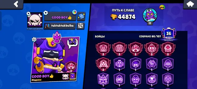 Brawl Stars account, 44874 trophies, 80 brawlers, 36 primes