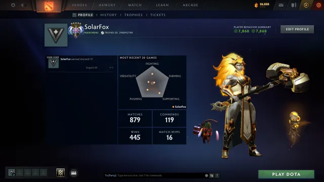 🎮 Властелин 🎯 Мейнпул 🏆 41 Трофей 🕹️ Матчей: 879 🎫 Жетонов: 11, Продажа, 4462 MMR, 7868 порядочности, 7868 вежливости, 879 матчей, 1138 часов
