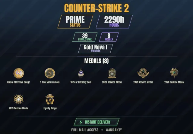 【CS2 Prime💎2200h🎯8 medals】 10-year anniversary coin, Service medal 2019, Service medal 2020, Sale, With inventory, Has PRIME