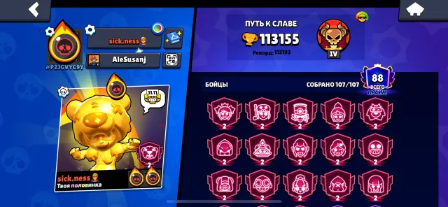 ⚡️107/107 brawlers⚡️113155 trophies🦋87-primes🐬18-second primes👍2019 year of creation🤝, 113155 trophies, 107 brawlers, 87 primes