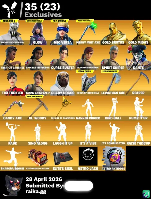 RENEGADE RAIDER, MINTY PICKAXE, LEVIATHAN AXE, PSYCHO BANDIT, GLOW, ROGUE SPIDER KNIGHT | 320 SKINS, Satış, skinler 320