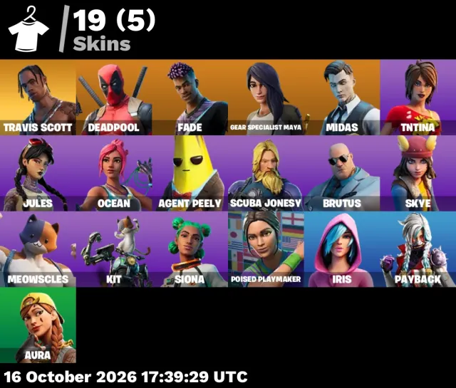 🚀 【FORTNITE】 ✨ Travis Scott, Midas, Deadpool, Fade ✨ 19 sсhins | 336 niv. | 350 V-Bucks, Vente, sсhins 19
