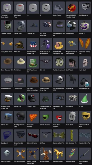 2013 | STACKED 13 PAGE Beast Mode+8-Bit Heart+Drac’s Mask+Ghost Fedora+Bronze Bloxxer+AND MORE ITEMS, Sale, Voice chat: No