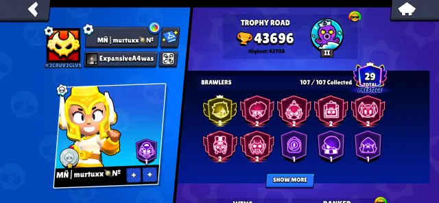 💥COLLET 3 PRIME💥🔮TITLE «BRAWL STARS FOREVER»🔮👔220 SKINS⚔️32-11LVL👤107/107🏆43690, 43000 trophies, 107 brawlers, 29 primes